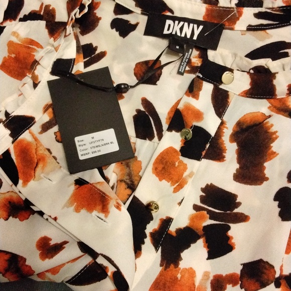 Women's NWT Orange/Brown Flutter Sleeve Top front button closure by DKNY Size M - Picture 4 of 4